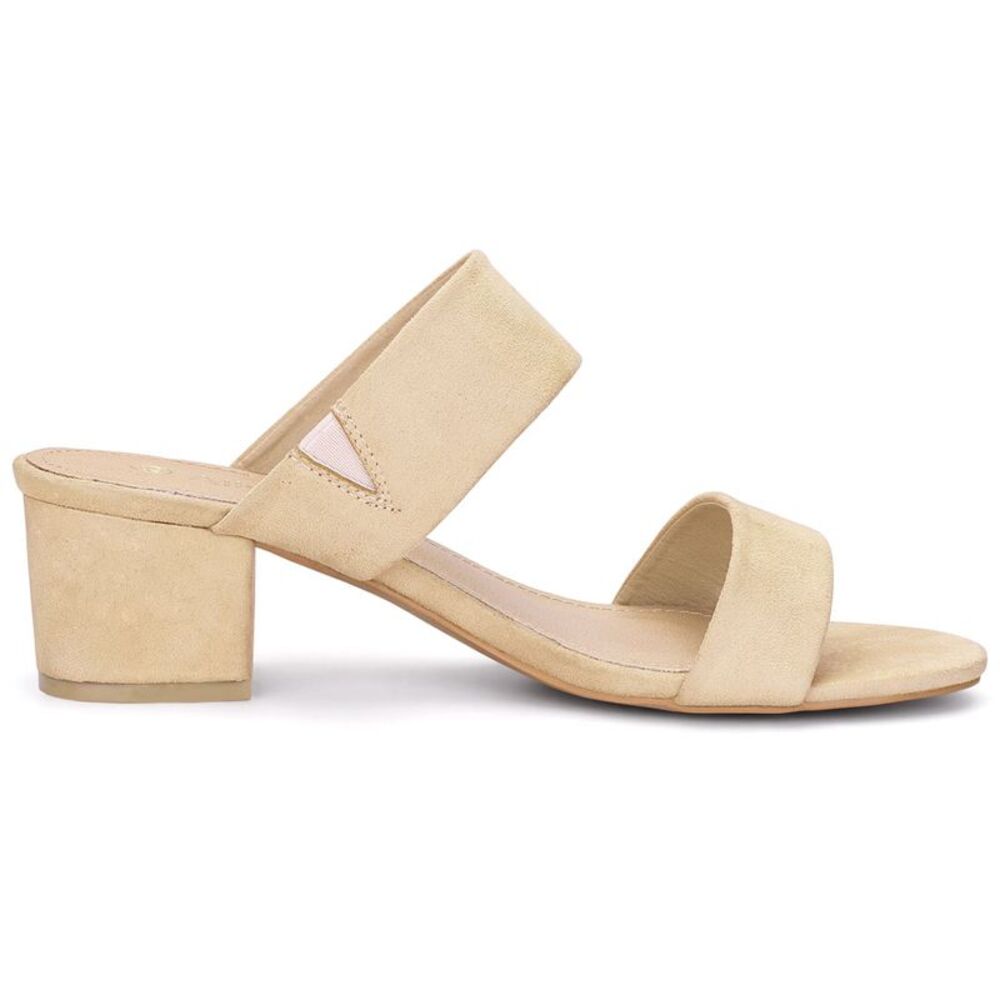 Women's Open Toe Mid Chunky Heel Dual Straps Beige Slide Sandals - Picture 6 of 6
